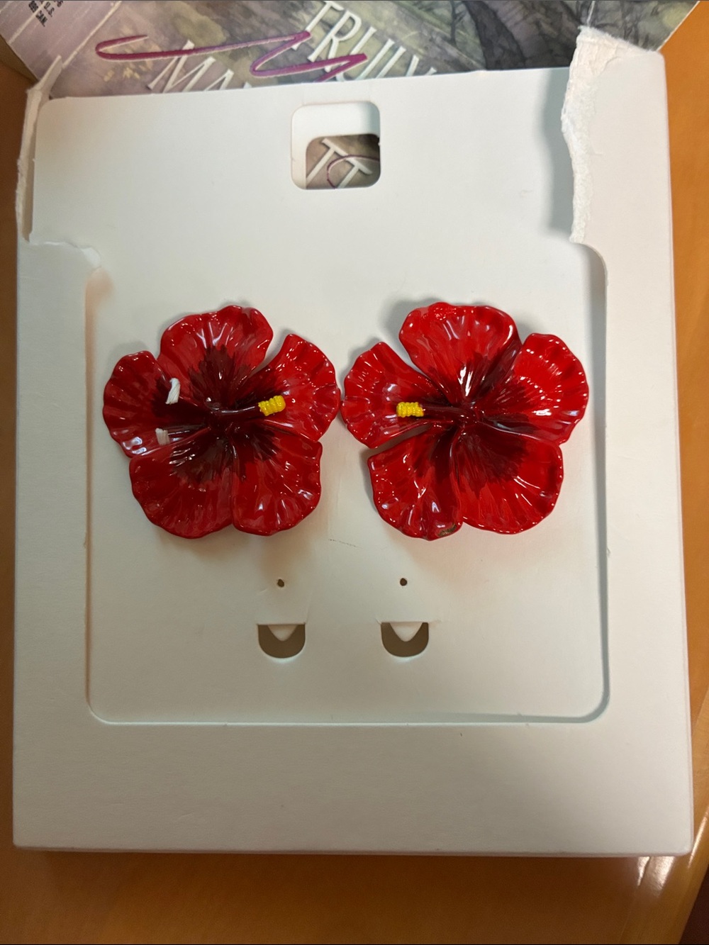 Zara Red Floral Hibiscus Earrings with Yellow Detail